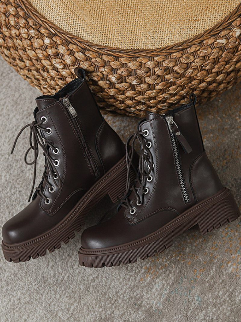 Bottines À Talon Chiot Cuir Pu Avec Fermeture Éclair Et Bout Rond Pour Femmes - Brun Foncé