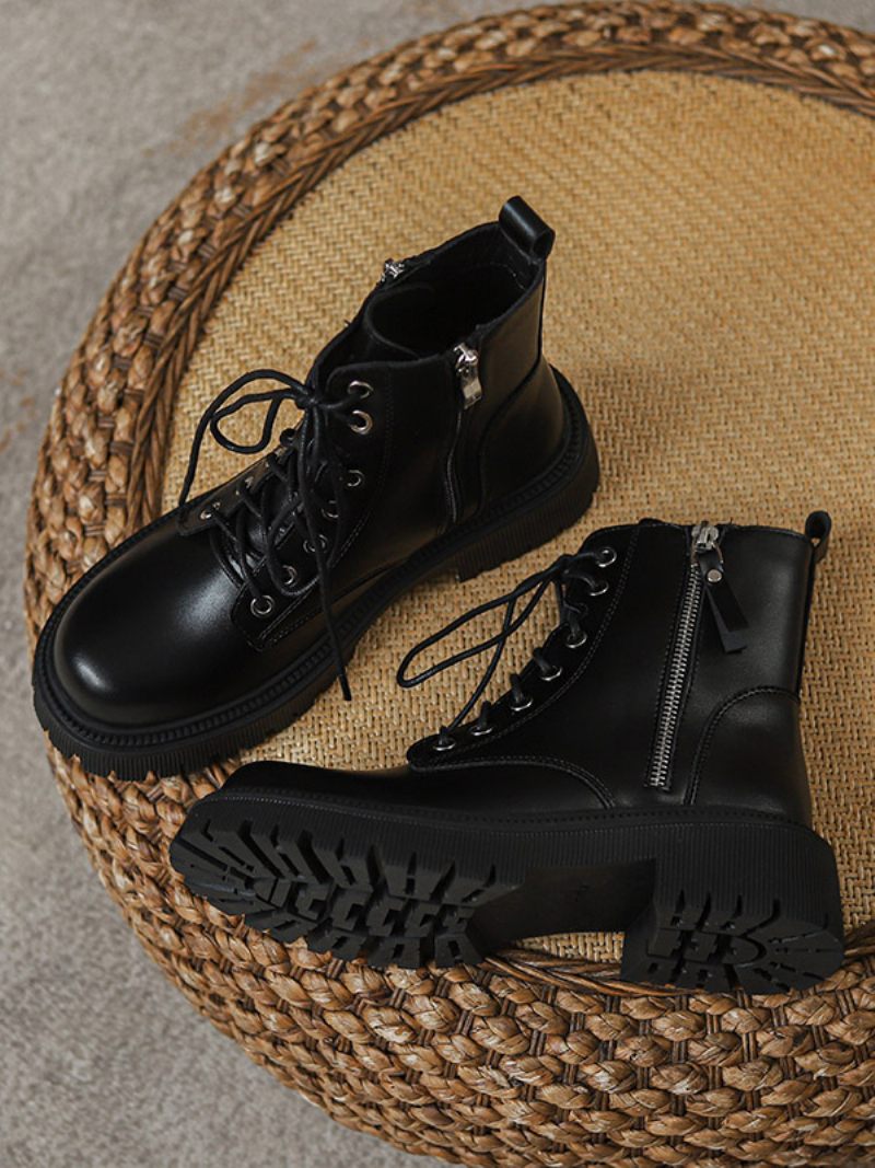 Bottines À Talon Chiot Cuir Pu Avec Fermeture Éclair Et Bout Rond Pour Femmes - Noir