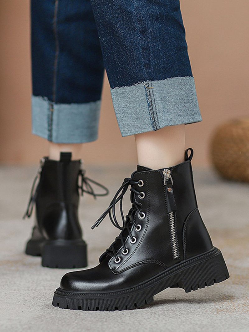 Bottines À Talon Chiot Cuir Pu Avec Fermeture Éclair Et Bout Rond Pour Femmes - Noir