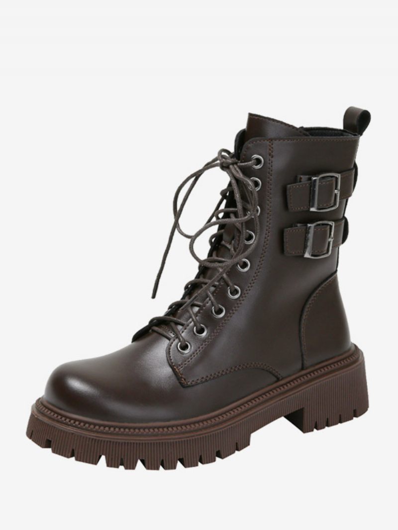 Bottines À Talon Chiot Cuir Pu Bout Rond Pour Femmes - Brun Foncé