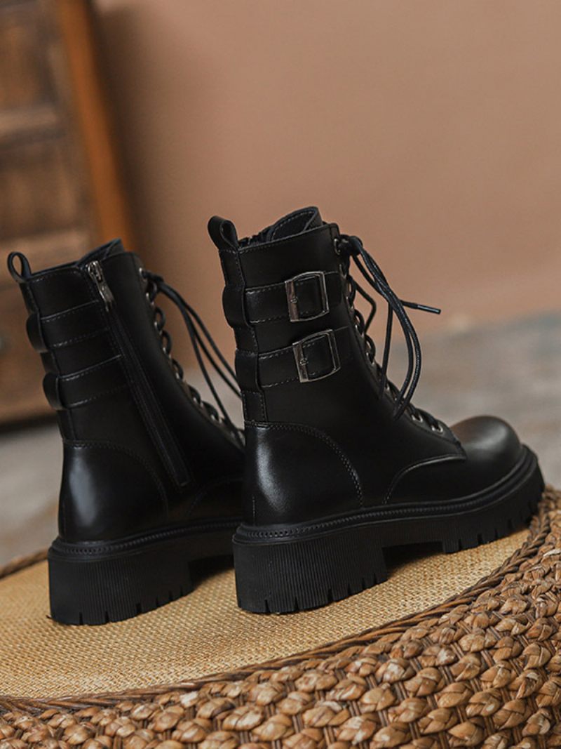 Bottines À Talon Chiot Cuir Pu Bout Rond Pour Femmes - Noir