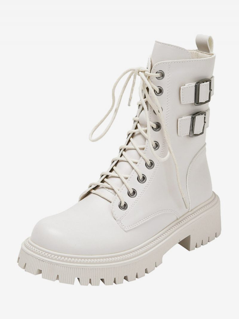 Bottines À Talon Chiot Cuir Pu Bout Rond Pour Femmes - Blanc