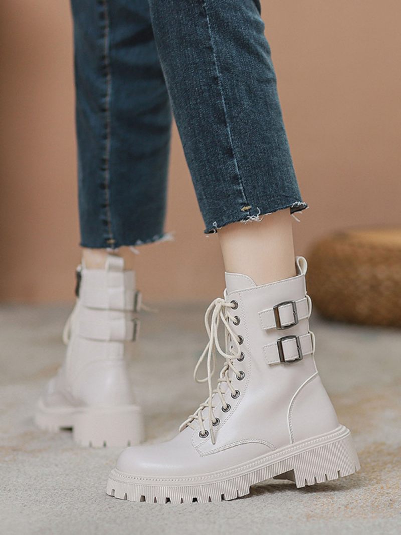 Bottines À Talon Chiot Cuir Pu Bout Rond Pour Femmes - Blanc