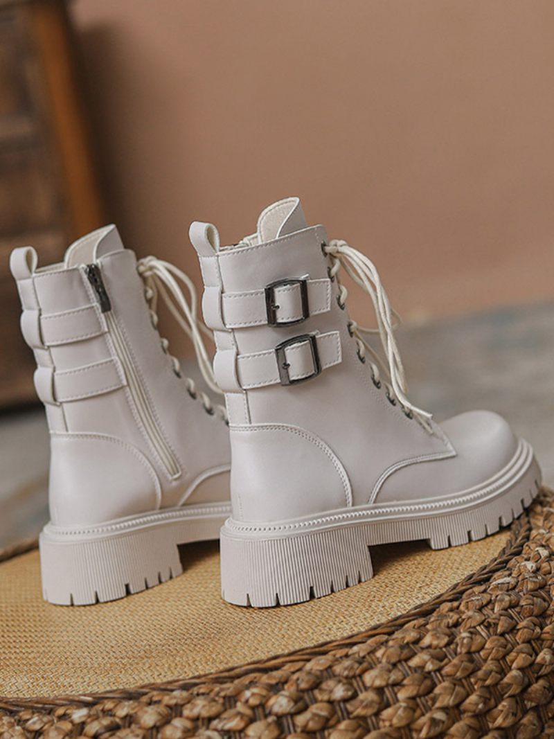 Bottines À Talon Chiot Cuir Pu Bout Rond Pour Femmes - Blanc