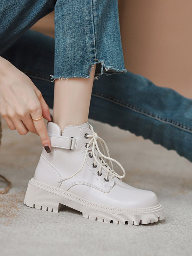 Bottines À Talon Cuir Pu Avec Boucle Pour Femme Bout Rond Chiot - Blanc