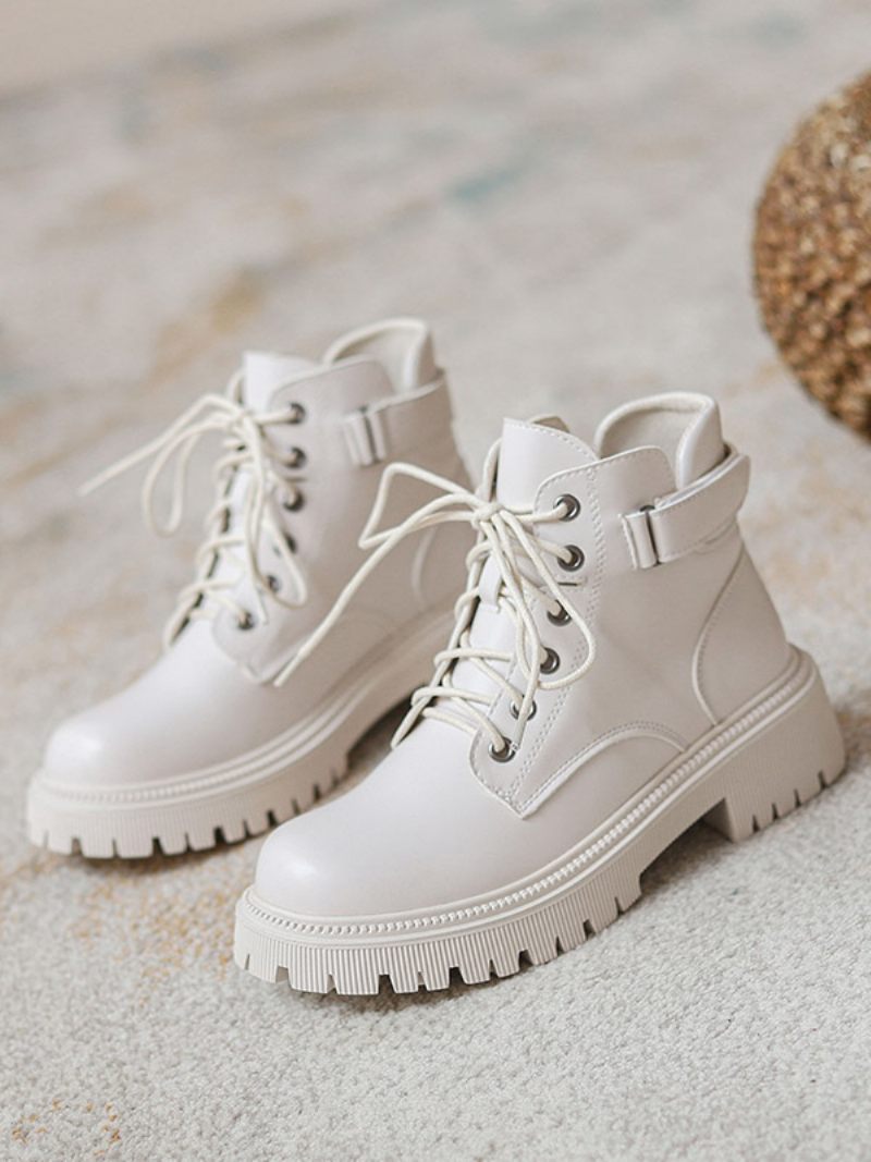 Bottines À Talon Cuir Pu Avec Boucle Pour Femme Bout Rond Chiot - Blanc