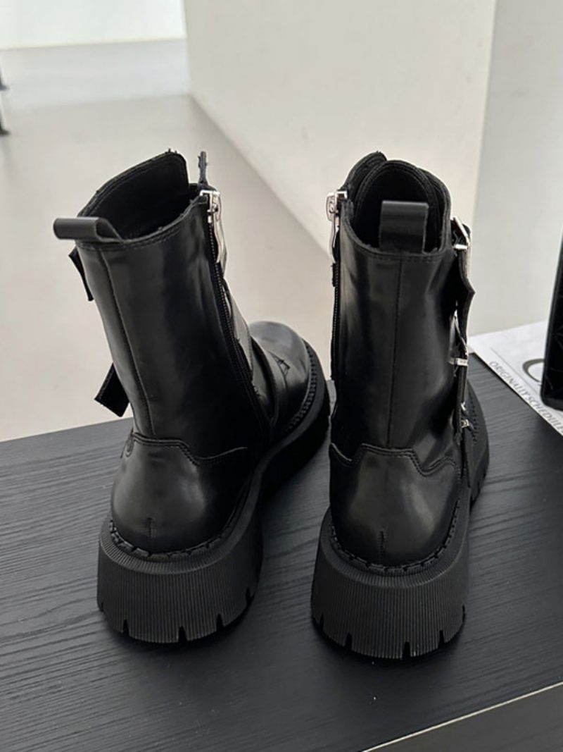 Bottines À Talon Épais Cuir Pu Avec Boucle Pour Femme - Noir