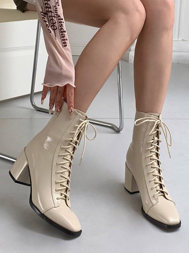 Bottines À Talon Épais Cuir Pu Pour Femmes - Beige