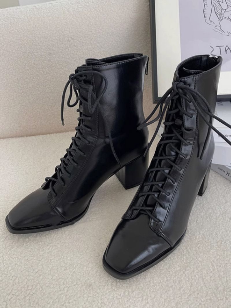 Bottines À Talon Épais Cuir Pu Pour Femmes - Noir