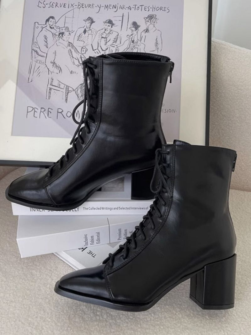 Bottines À Talon Épais Cuir Pu Pour Femmes - Noir