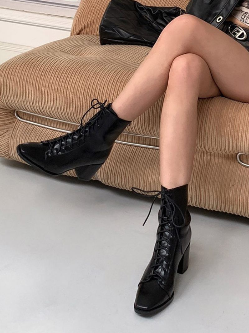 Bottines À Talon Épais Cuir Pu Pour Femmes - Noir