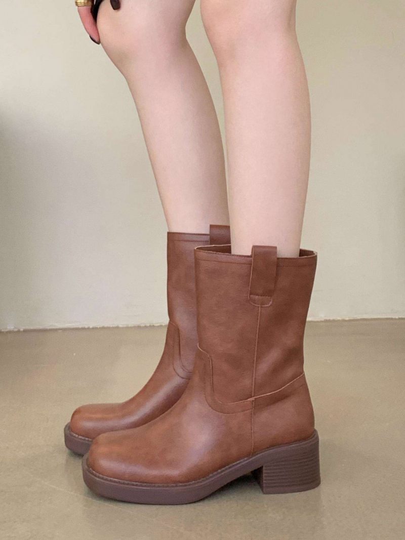 Bottines À Talon Épais Cuir Pu Pour Femmes