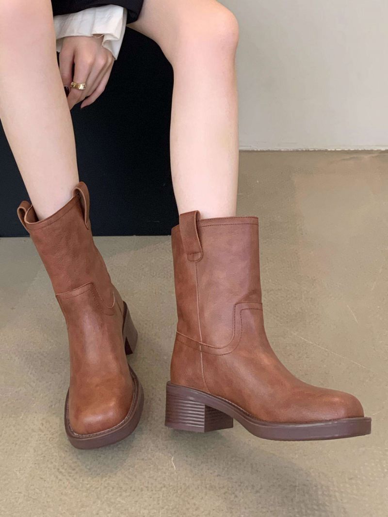 Bottines À Talon Épais Cuir Pu Pour Femmes - Marron Café