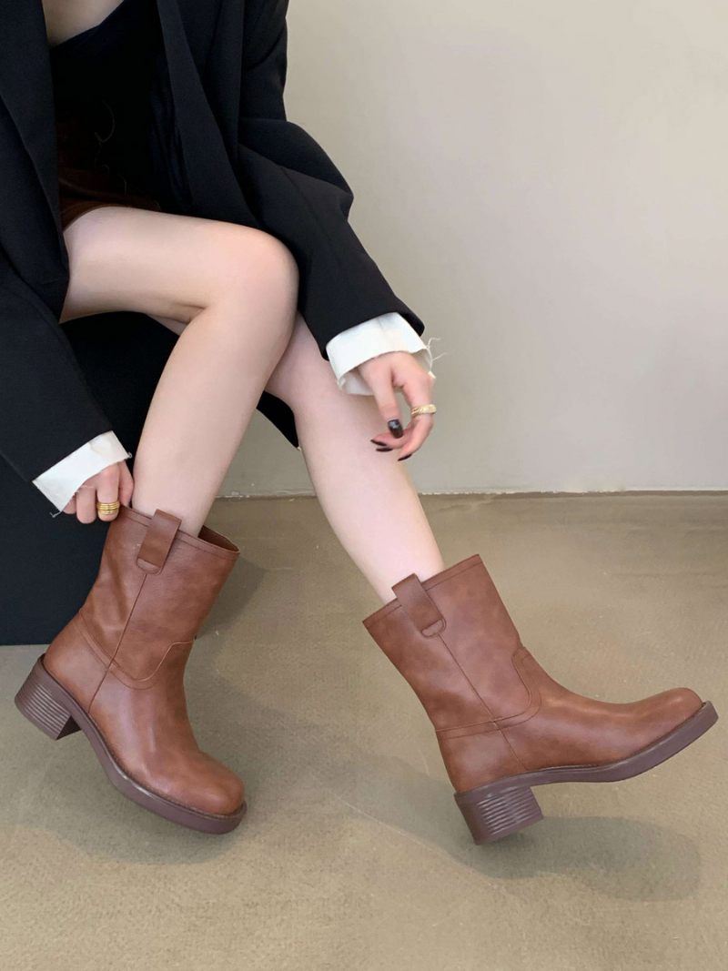 Bottines À Talon Épais Cuir Pu Pour Femmes - Marron Café