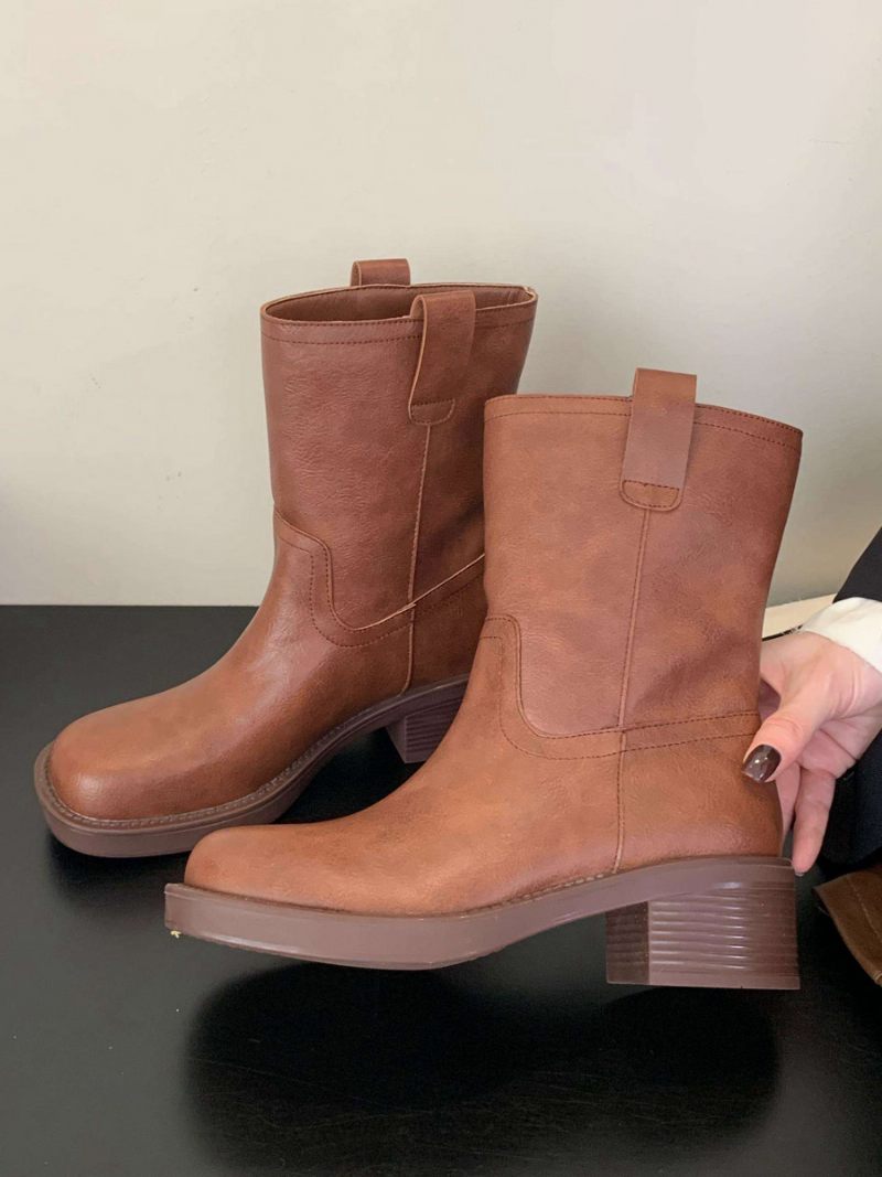 Bottines À Talon Épais Cuir Pu Pour Femmes - Marron Café