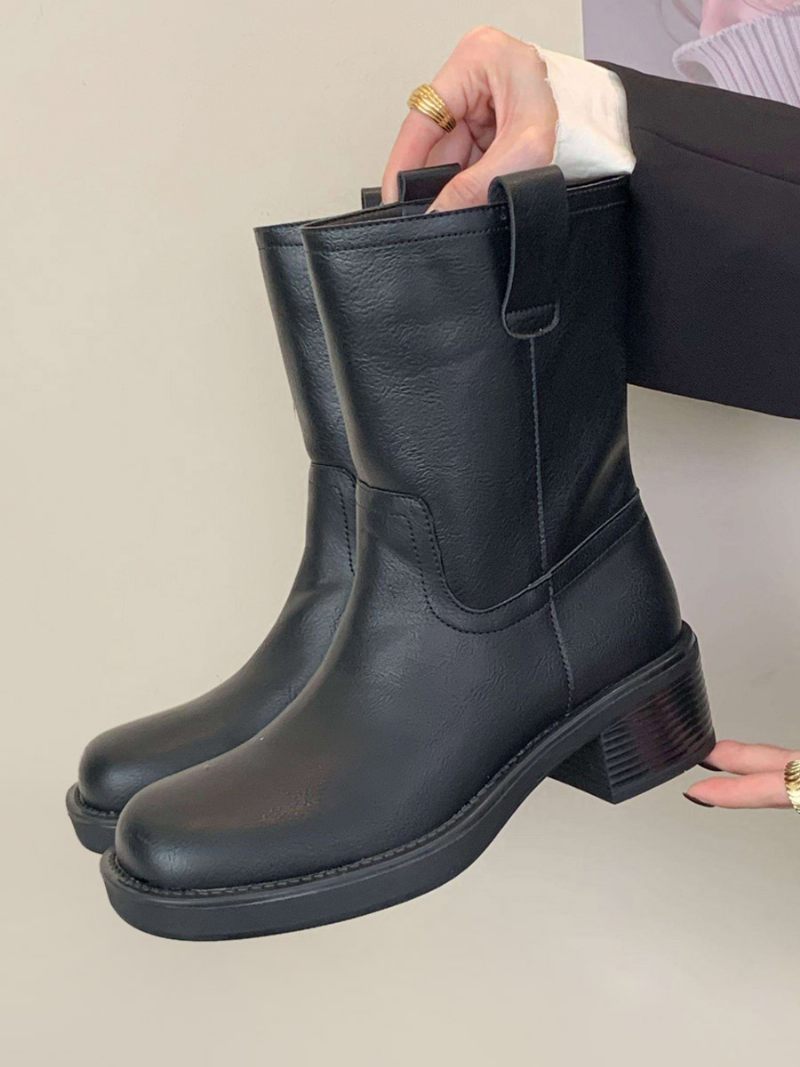 Bottines À Talon Épais Cuir Pu Pour Femmes - Noir