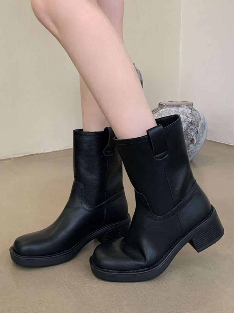 Bottines À Talon Épais Cuir Pu Pour Femmes - Noir