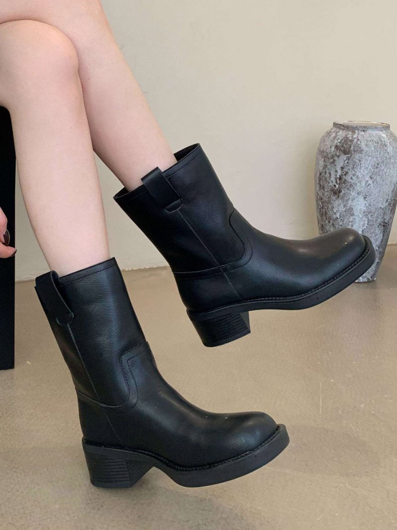 Bottines À Talon Épais Cuir Pu Pour Femmes - Noir