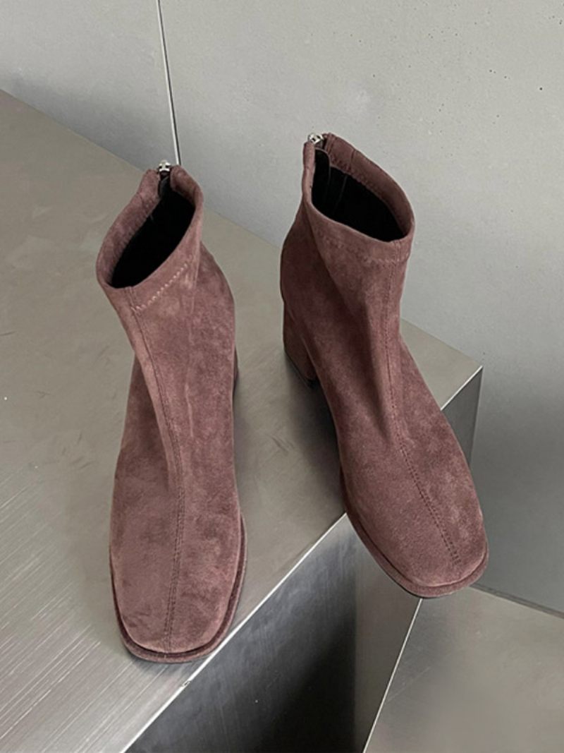 Bottines À Talon Épais Et Bout Carré Micro-daim Pour Femmes - Brun Foncé