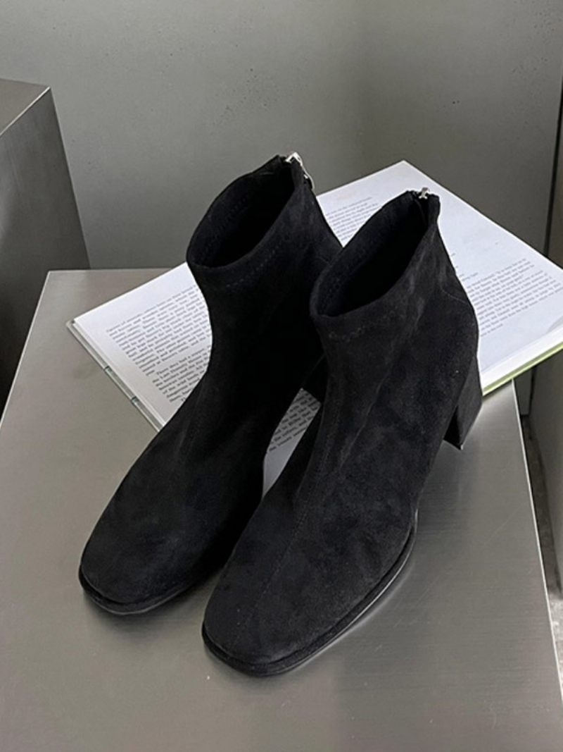 Bottines À Talon Épais Et Bout Carré Micro-daim Pour Femmes - Noir