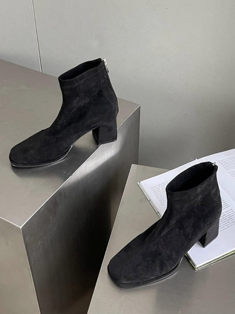 Bottines À Talon Épais Et Bout Carré Micro-daim Pour Femmes - Noir