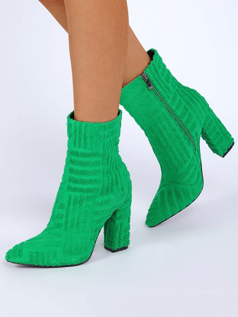 Bottines À Talon Épais Et Bout Pointu Micro-daim Pour Femmes - Vert