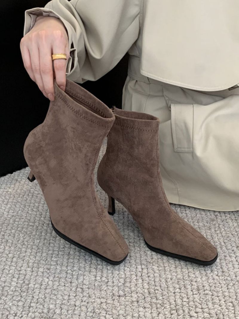 Bottines À Talons Aiguilles Bout Carré Pour Femmes - Kaki