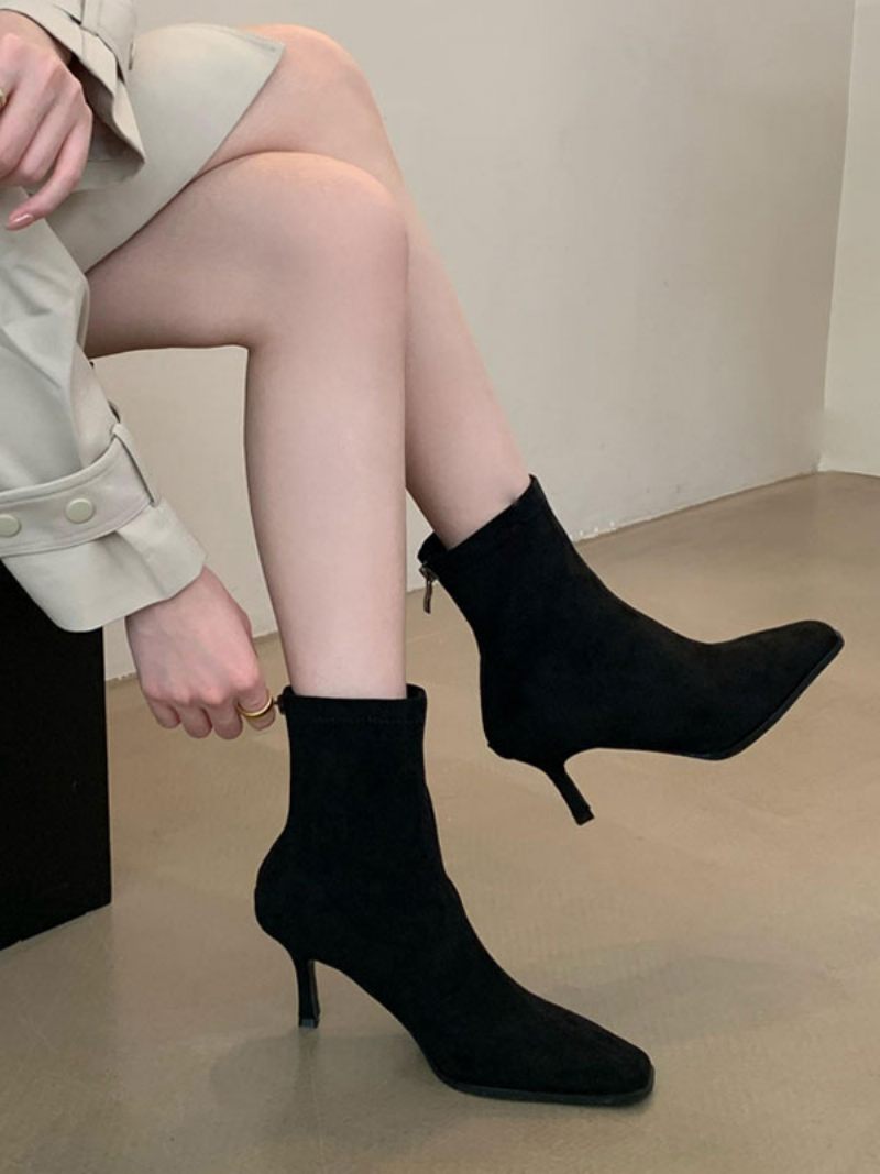 Bottines À Talons Aiguilles Bout Carré Pour Femmes - Noir