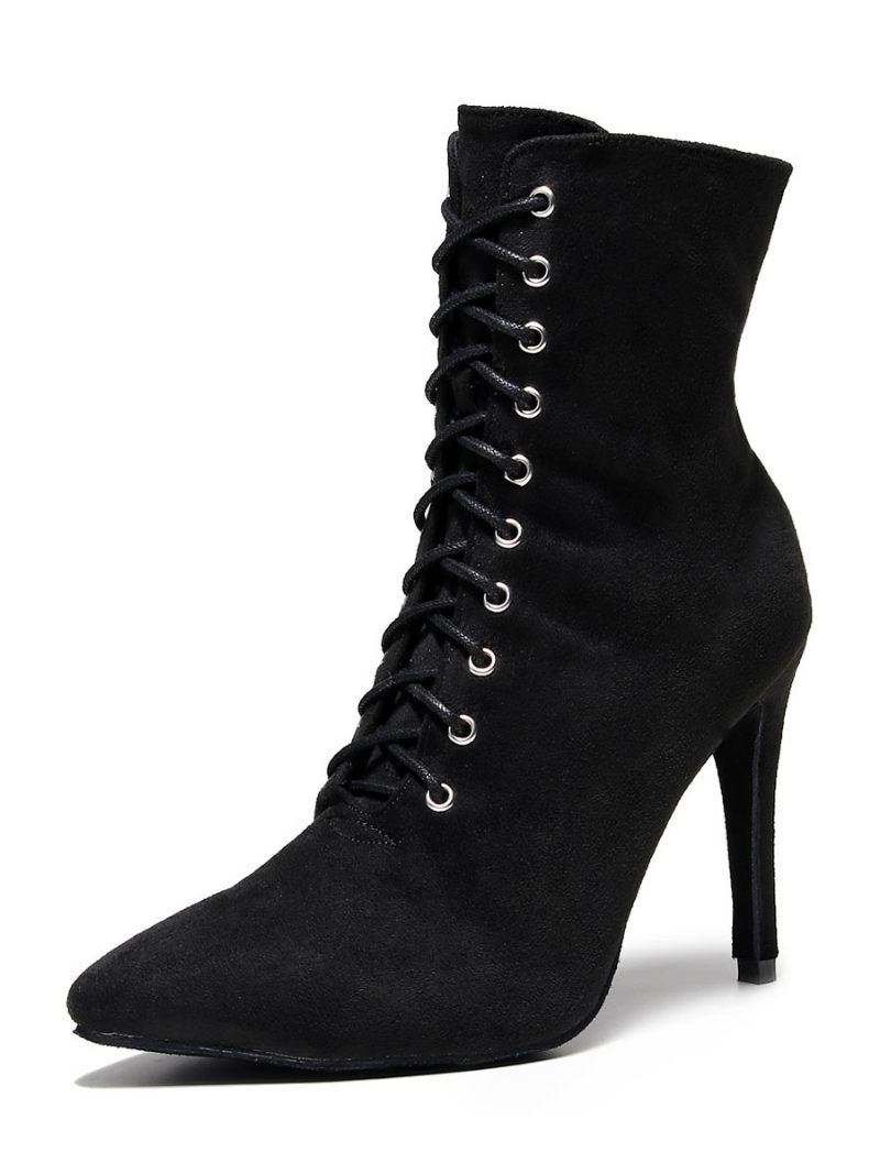 Bottines À Talons Aiguilles Lacets Et Bout Pointu Pour Femmes - Noir