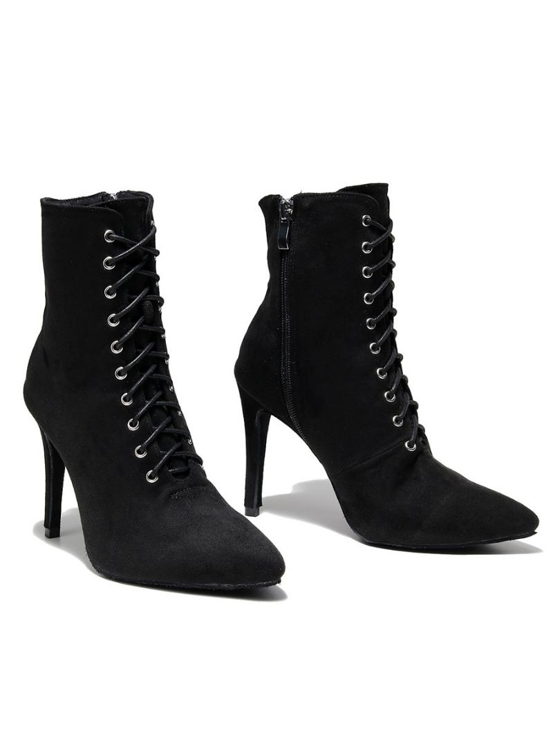 Bottines À Talons Aiguilles Lacets Et Bout Pointu Pour Femmes - Noir