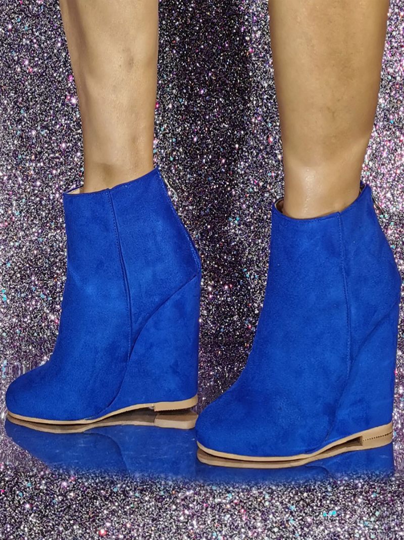 Bottines À Talons Compensés Bout Rond Et Micro-daim Pour Femmes - Bleu