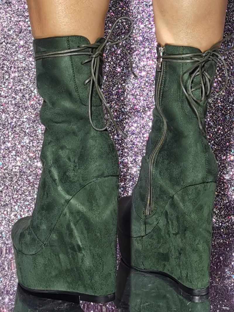 Bottines À Talons Compensés Bout Rond Et Micro-daim Pour Femmes - Vert Chasseur