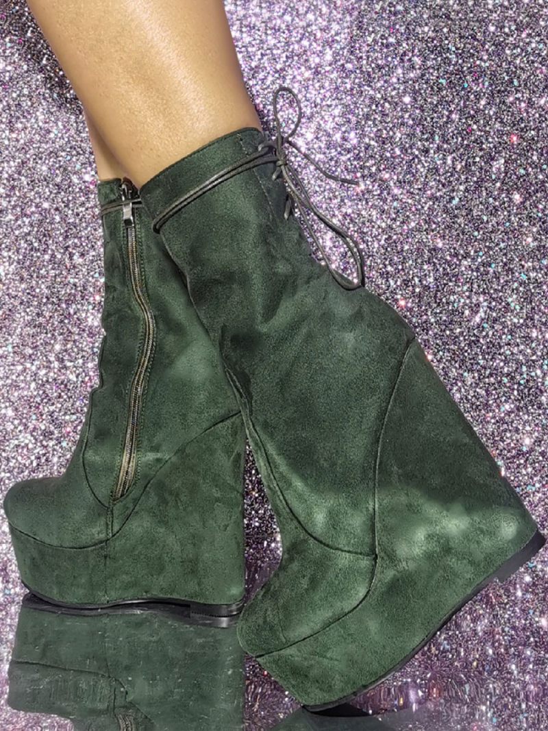 Bottines À Talons Compensés Bout Rond Et Micro-daim Pour Femmes - Vert Chasseur