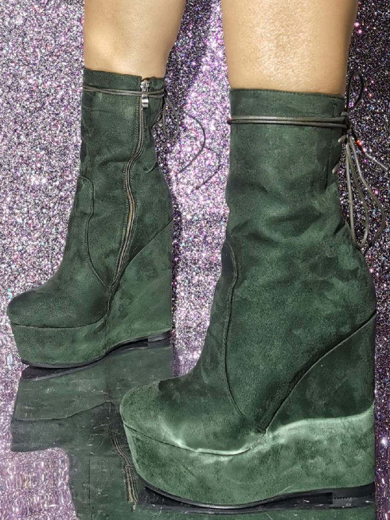 Bottines À Talons Compensés Bout Rond Et Micro-daim Pour Femmes - Vert Chasseur