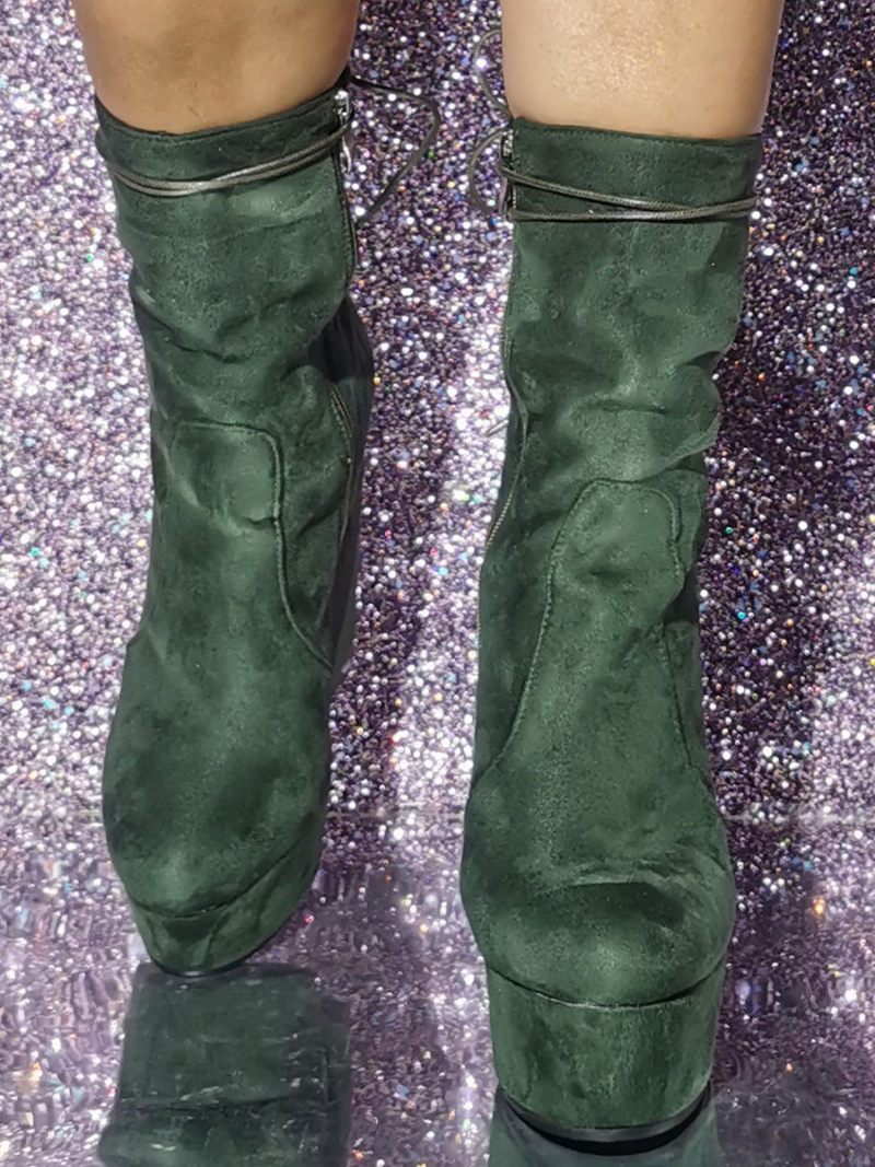 Bottines À Talons Compensés Bout Rond Et Micro-daim Pour Femmes - Vert Chasseur