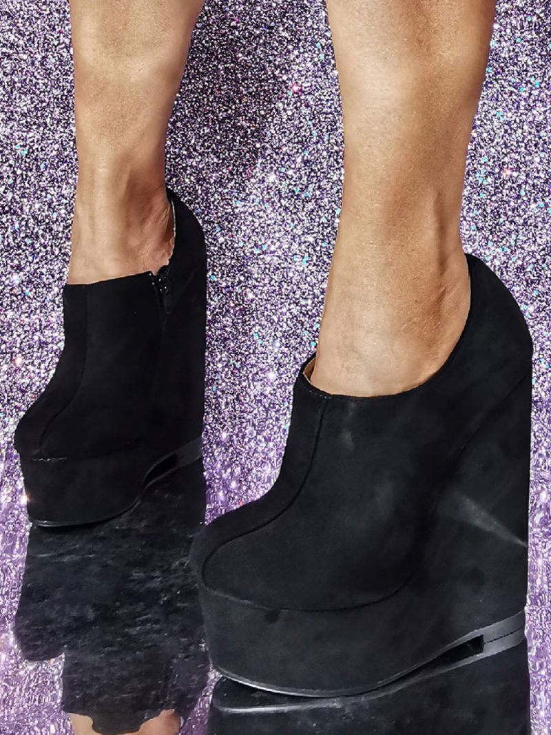 Bottines À Talons Compensés Bout Rond Pour Femmes - Noir