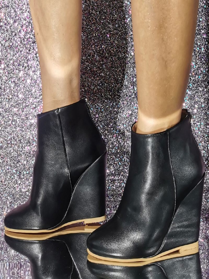 Bottines À Talons Compensés Bout Rond Pour Femmes - Noir