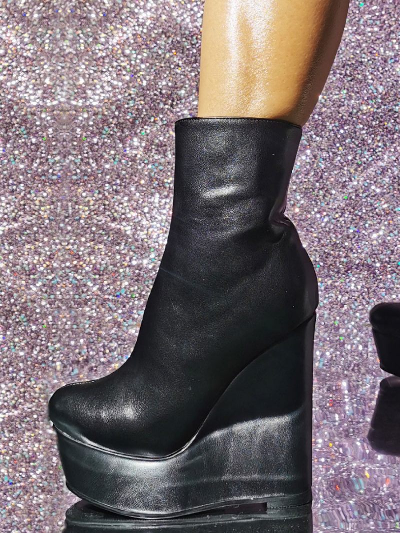 Bottines À Talons Compensés Cuir Pu Pour Femmes - Noir