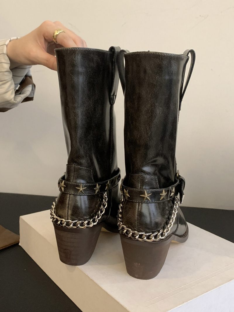 Bottines À Talons Épais Avec Boucle Et Bout Pointu Pour Femmes - Bronze