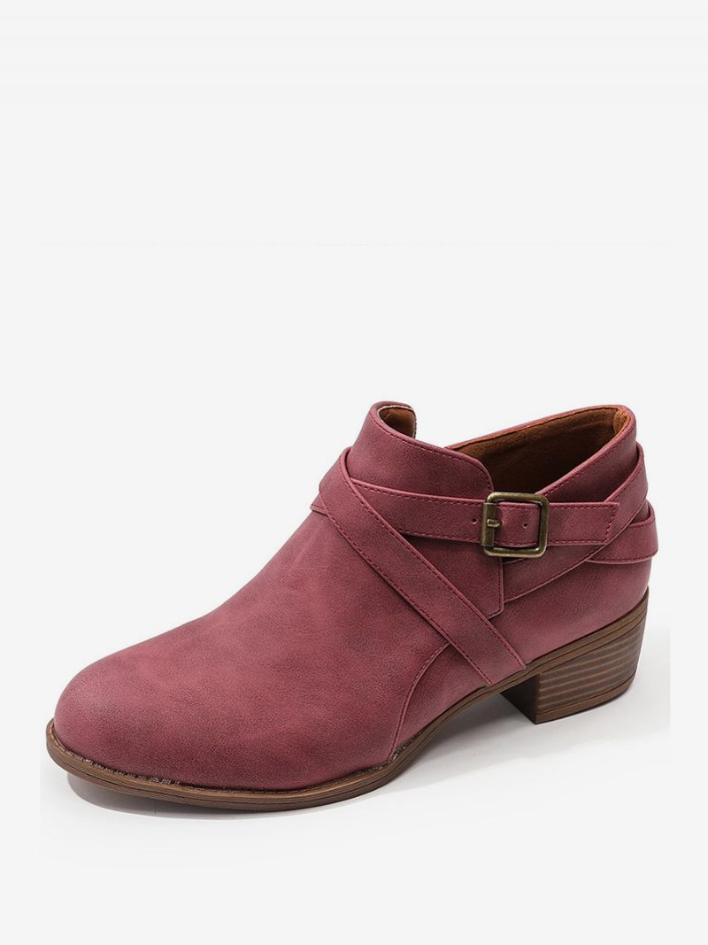 Bottines À Talons Épais Cuir Pu Pour Femmes - Rouge