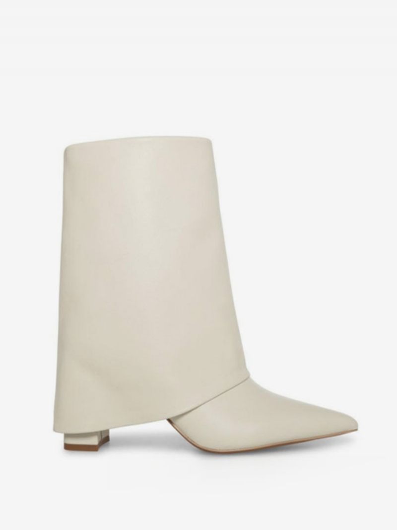 Bottines À Talons Épais Cuir Pu Pour Femmes - Beige