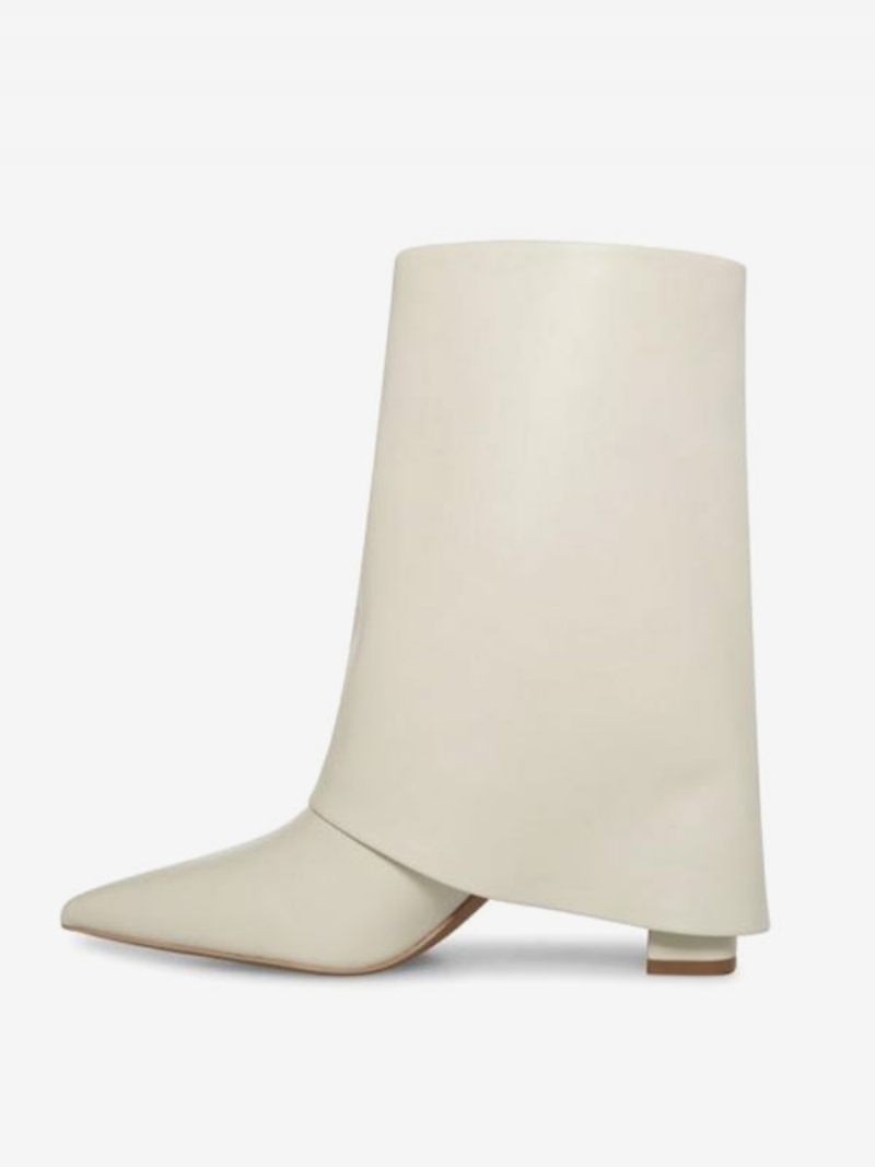 Bottines À Talons Épais Cuir Pu Pour Femmes - Beige