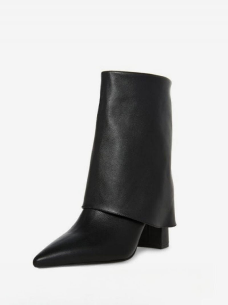 Bottines À Talons Épais Cuir Pu Pour Femmes - Noir