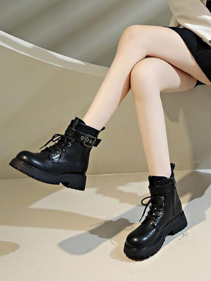 Bottines À Talons Épais Cuir Pu Pour Femmes - Noir