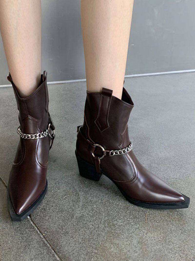 Bottines À Talons Épais Cuir Pu Pour Femmes - Brun Foncé