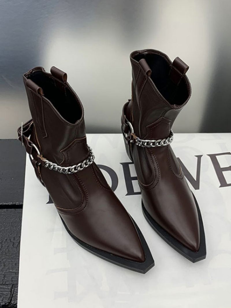 Bottines À Talons Épais Cuir Pu Pour Femmes - Brun Foncé