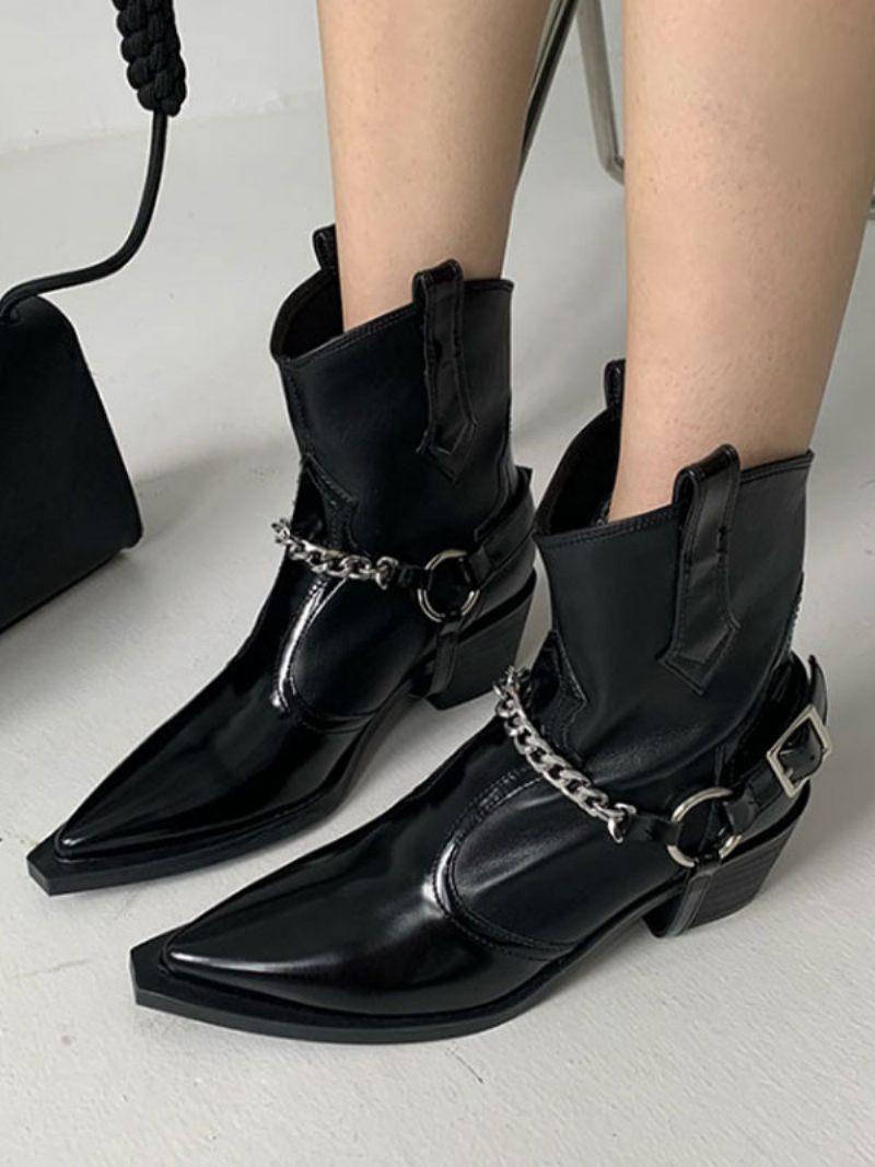 Bottines À Talons Épais Cuir Pu Pour Femmes - Noir