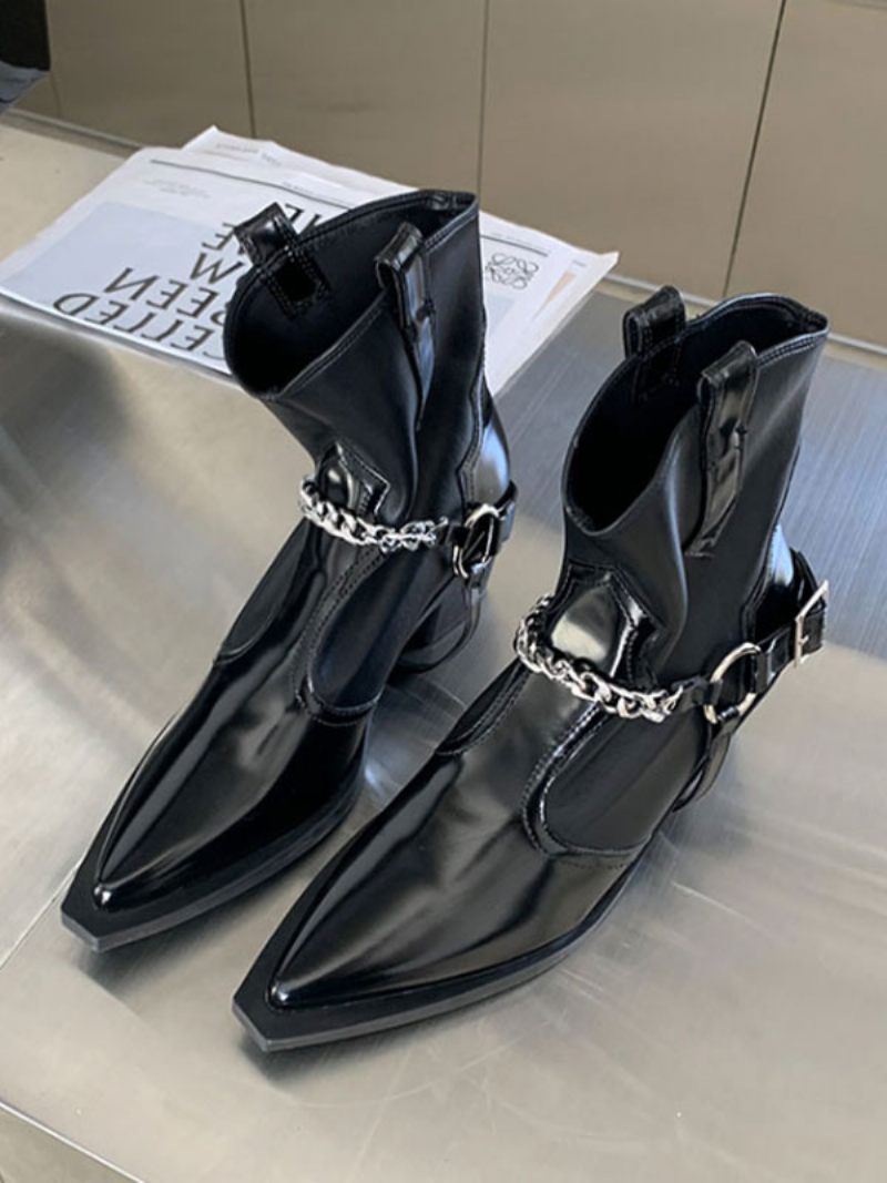 Bottines À Talons Épais Cuir Pu Pour Femmes - Noir