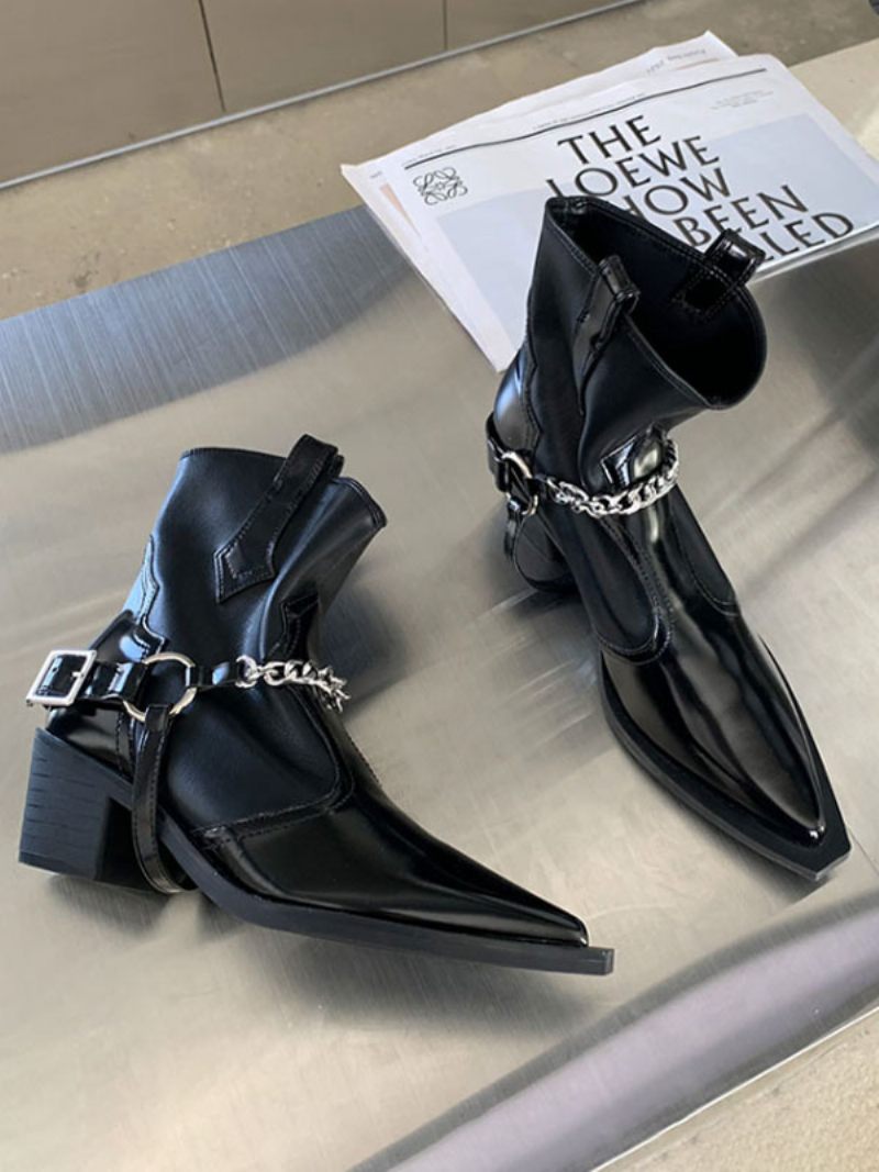 Bottines À Talons Épais Cuir Pu Pour Femmes - Noir