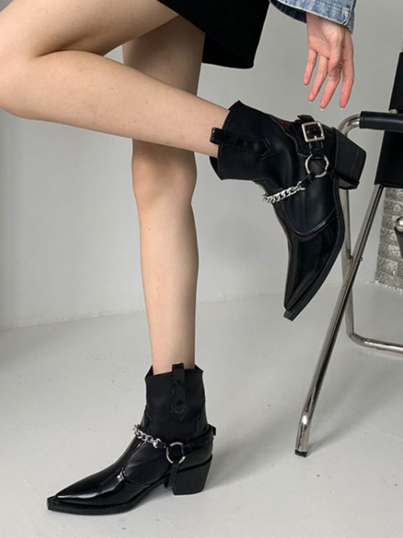 Bottines À Talons Épais Cuir Pu Pour Femmes - Noir